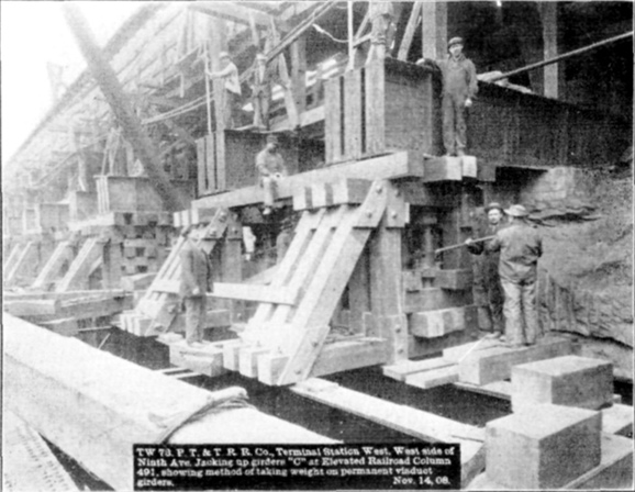 Plate XLVIII, Fig. 3.— TW 73, P.T. & T.R.R. Co. Terminal Station West. West side of Ninth Ave. Jacking up girders "C" at Elevated Railroad Column 491, showing method of taking weight on permanent viaduct girders. Nov. 14, 08.