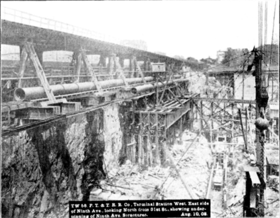 Plate XLVIII, Fig. 4.— TW 58, P.T. & T.R.R. Co. Terminal Station West. East side of Ninth Ave. looking North from 31st St., showing underpinning of Ninth Ave. Structures. Aug. 10, 08.