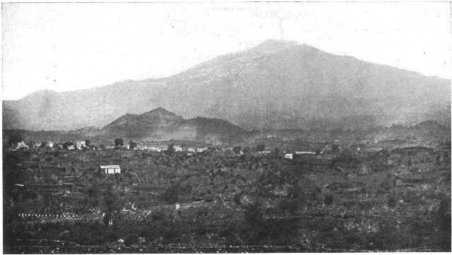 Mount Ætna, seen from near Catania. The imperfect
cones on the sky line to the left are those of small secondary
eruptions.