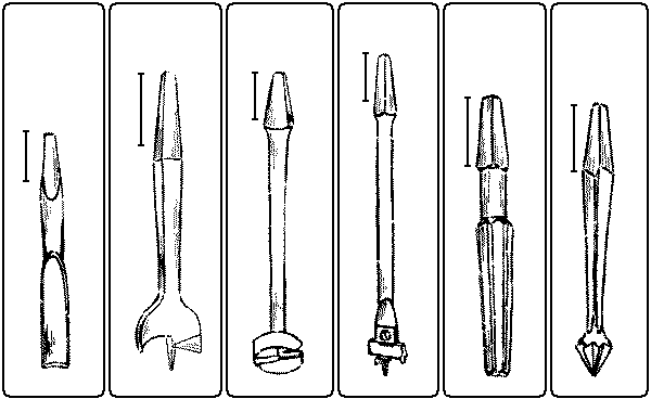 Fig. 131. Plug-Cutter. Fig. 132. Center-Bit. Fig. 133. Foerstner Auger-Bit. Fig. 134. Expansive-Bit. Fig. 135. Reamer. Fig. 136. Rose Countersink.