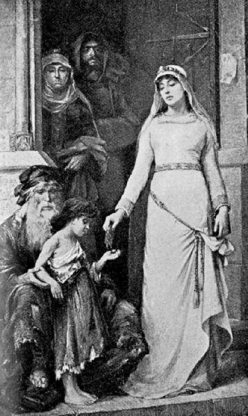 An elderly man sits on a step, a young child with him. Both are dressed in
rags. A well-dressed woman drops something into the child"s outstretched
hand, while a couple look on from a doorway behind her.