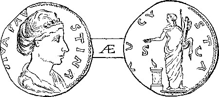 BRASS OF ANTONINUS PIUS, IN HONOUR OF FAUSTINA, WITH
REVERSE SHOWING VESTA BEARING THE PALLADIUM