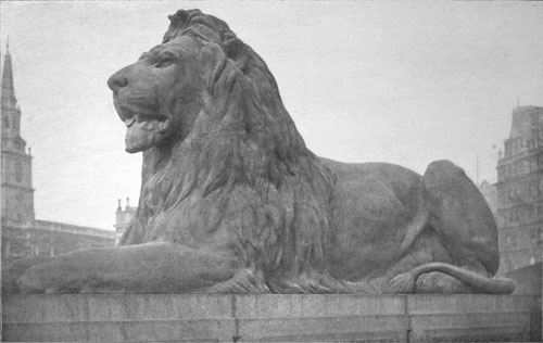 A LION OF THE NELSON MONUMENT Trafalgar Square, London