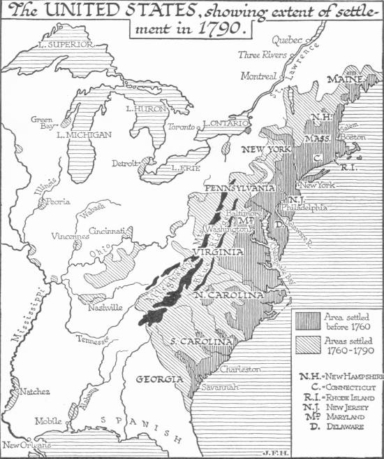 Map: The United States, showing extent of settlement in 1790