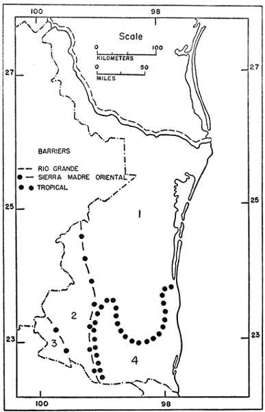 Fig. 2. Four biotic provinces: 1 Tamaulipan; 2 Potosian;
3 Chihuahuan; 4 Veracruzian.