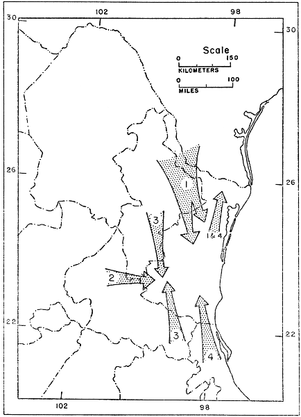 Fig. 3. Routes of movement: 1 Northern; 2 Trans-Plateau;
3 Montane; 4 Tropical.