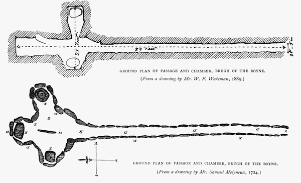 GROUND PLAN OF PASSAGE AND CHAMBER, BRUGH OF THE BOYNE.
(From a drawing by Mr. W. F. Wakeman, 1889.)
GROUND PLAN OF PASSAGE AND CHAMBER, BRUGH OF THE BOYNE.
(From a drawing by Mr. Samuel Molyneux, 1724.)