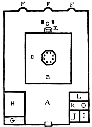 Ground Plan of a Mosque

A Outer Court. B Inner Court or Sahn. C Pulpits on which the Koran is
placed. D Fountain. E Tribune from which the Muezzin calls to prayer. F
Three praying-niches. G Horses and camels. H Strangers. I Bath. J
Drinking-fountain. K Well.