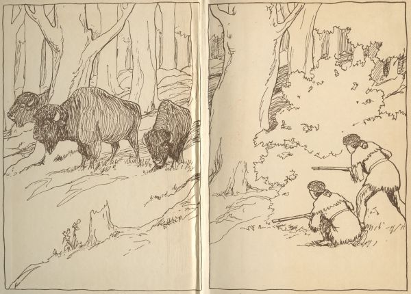 front end papers, two men looking at buffalo in woods