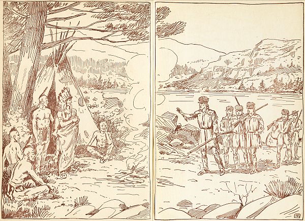 endpapers: group of woodsmen on right talking to group of Indians in front of tent on left