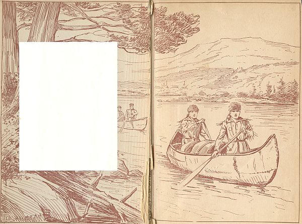 frontend paper partly obscurred by bookplate; right side has two men in canoe