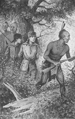 Indians walking through forest with two prisoners