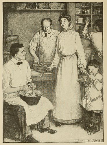 Man peeling potatoes, woman and  child watching 