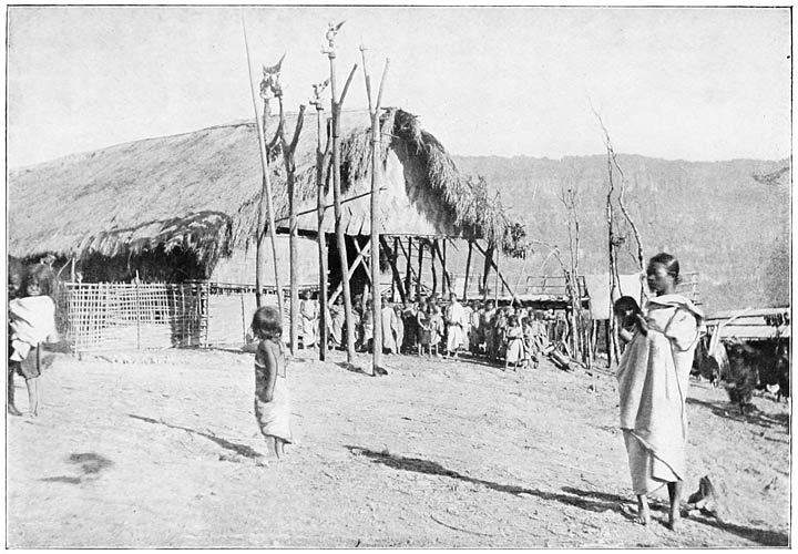 Chief’s House Showing “She Lu Pun,” the Posts Supporting the Skulls of Mithan Killed at One of the Feasts.