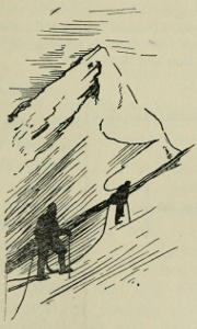 Drawing of skiers climbing up a mountain ridge