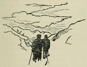 Drawing of two skiers surveying a mountain pass