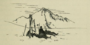 Drawing of skiers having a rest, poles stuck upright in the snow