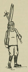 Drawing of a skier carrying his ski and poles
