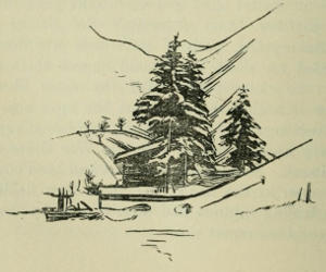 Drawing of a hut in the mountains