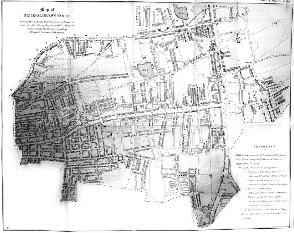 _Sanitary Report P.L.C._ Map of BETHNAL GREEN PARISH, _Shewing the Mortality from four classes of Disease in certain localities during the year, ended 31st. Dec’r., 1838, distinguishing the Houses occupied by Weavers & Labourers & Tradesmen_.