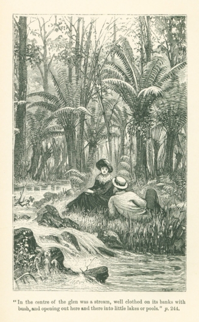 "In the centre of the glen was a stream, well clothed on its banks with bush, and opening out here and there into little lakes or pools."
