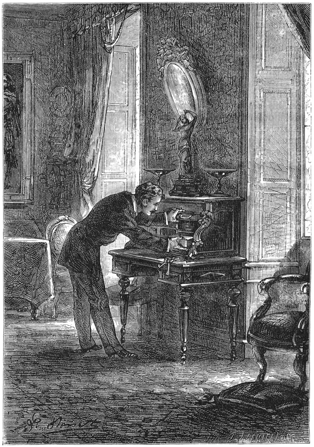 In de vierde lade, die Sarcany doorzocht, vond hij onder een pak papieren. (Bladz. 60.)