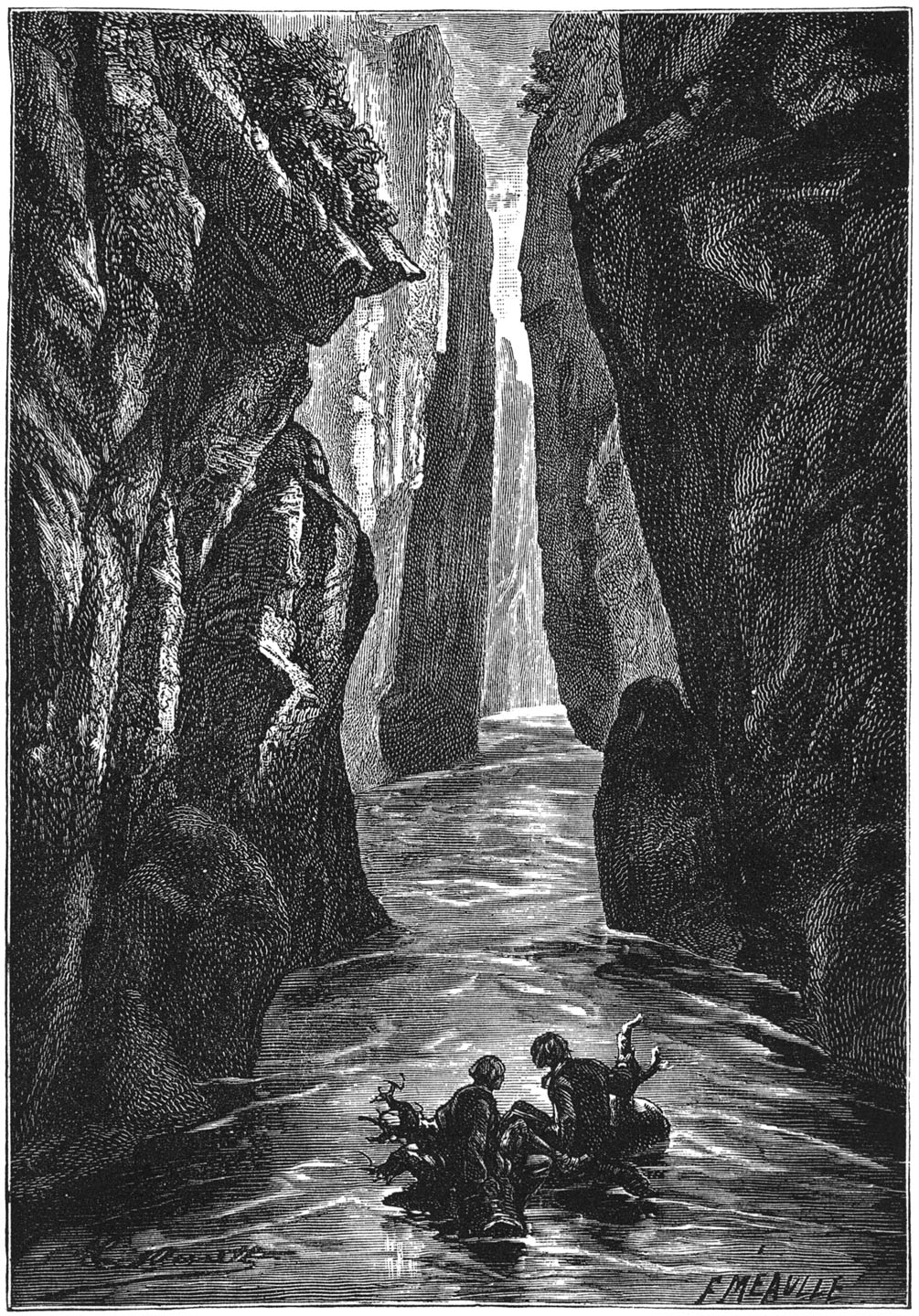 Hij kon toen ontwaren, dat de rivier steeds met groote snelheid tusschen de steile rotswanden voortstroomde. (Bladz. 112.)