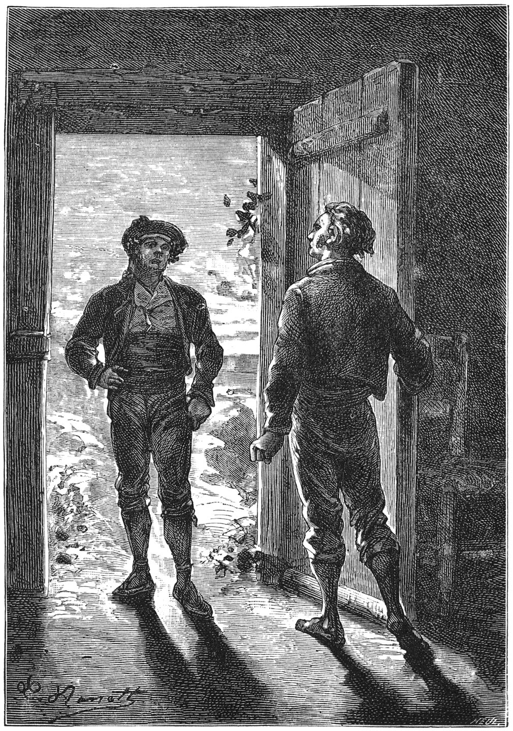 Nauwelijks had Carpena eene schrede in het vertrek gedaan, of Andreas Ferrato hield hem tegen. (Bladz. 144.)