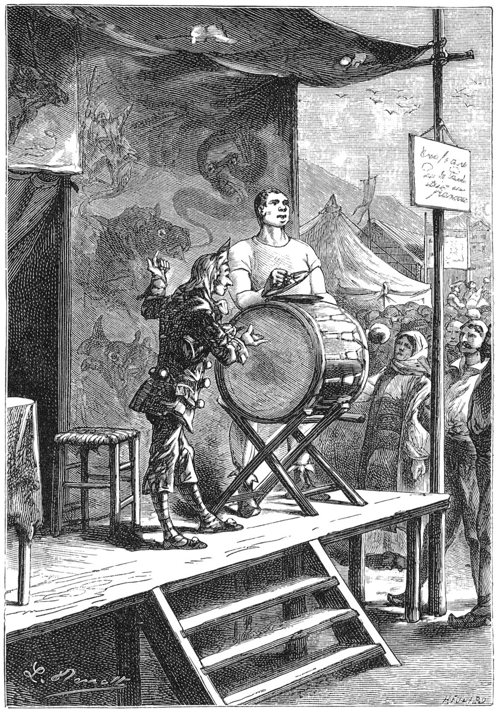 Noch het grappige spel zijner pruik, die van hondsgras vervaardigd was. (Bladz. 169.)